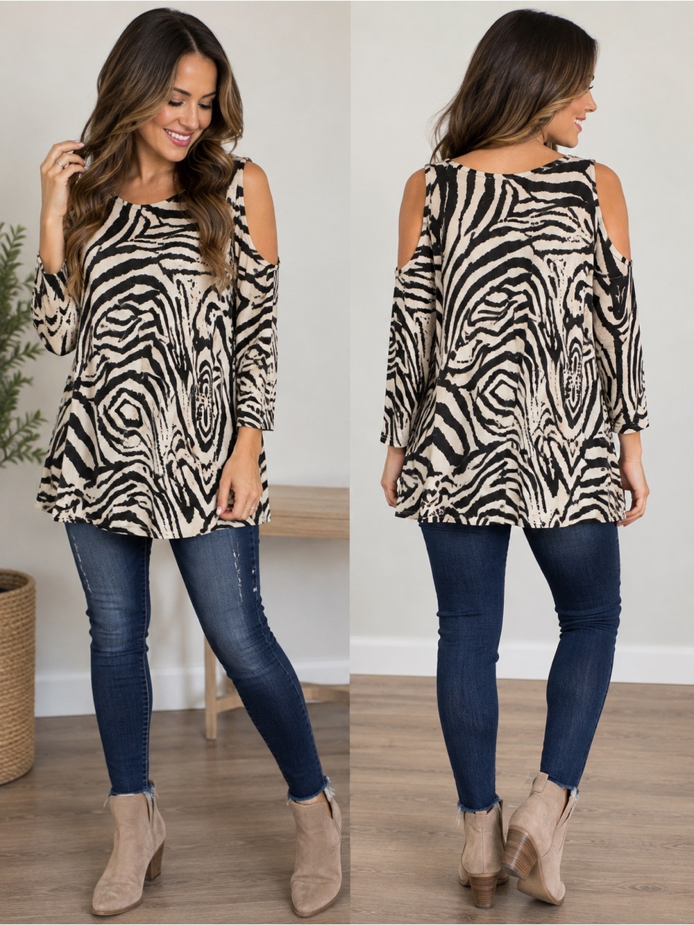 Cold-Shoulder Zebra Print Tunic Top - Black & Cream